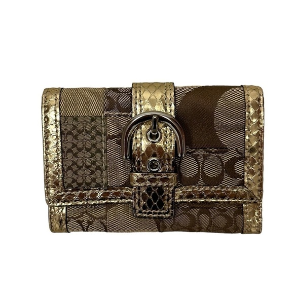 Coach Signature Patchwork Snakeskin Mini Wallet In Khaki/Gold RARE New With Tags - Picture 1 of 15